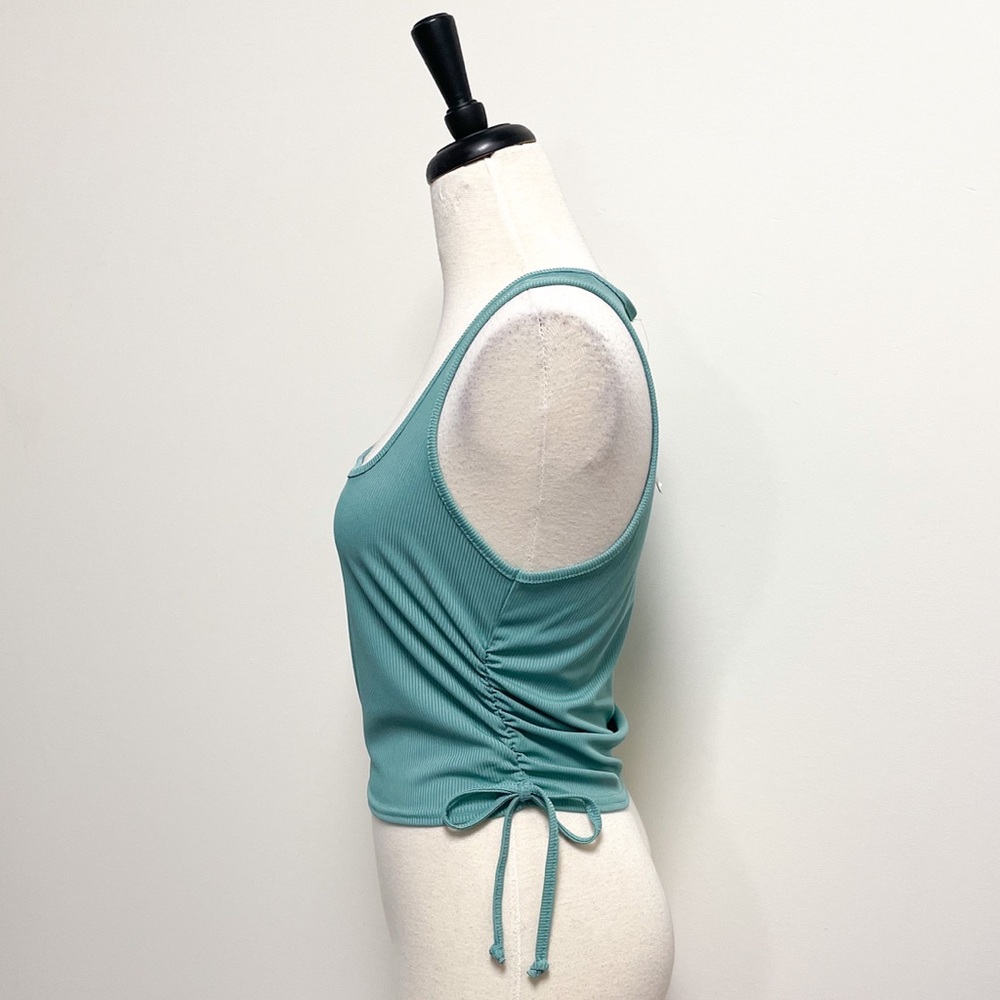 Boohoo Aqua Green Side Ruched Ribbed Sleeveless Square Neck Tank NWT 12 *Fitted* - Picture 2 of 7